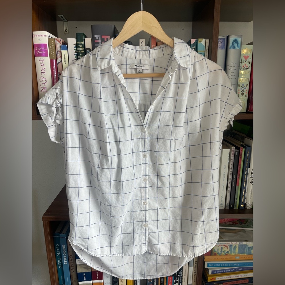 Madewell Windowpane Linen Blend Blouse | Ruffle Sleeve | Size Small